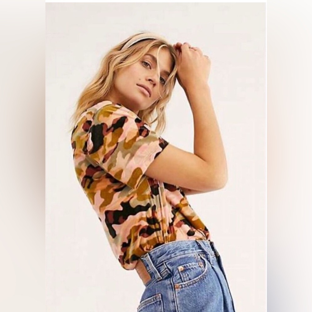 Free People Sheer Camo Velvet Tee